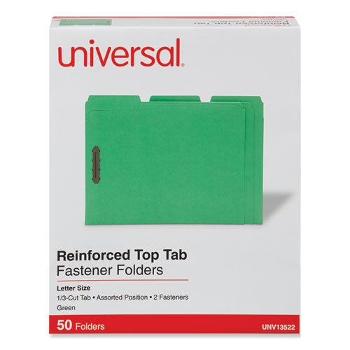 Image of Universal® Deluxe Reinforced Top Tab Fastener Folders, 0.75" Expansion, 2 Fasteners, Letter Size, Green Exterior, 50/Box