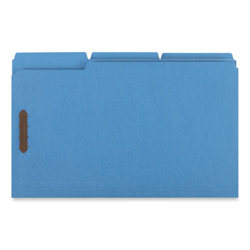 Image of Universal® Deluxe Reinforced Top Tab Fastener Folders, 0.75" Expansion, 2 Fasteners, Legal Size, Blue Exterior, 50/Box