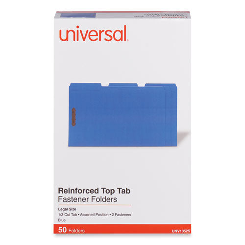 Image of Universal® Deluxe Reinforced Top Tab Fastener Folders, 0.75" Expansion, 2 Fasteners, Legal Size, Blue Exterior, 50/Box
