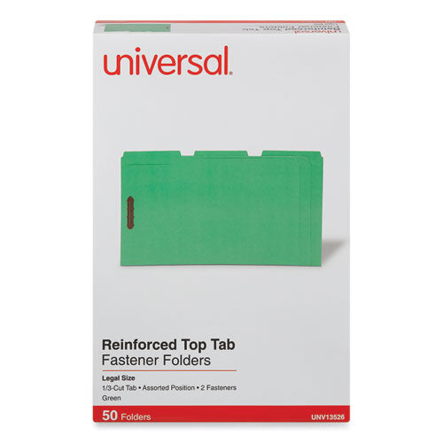 Image of Universal® Deluxe Reinforced Top Tab Fastener Folders, 0.75" Expansion, 2 Fasteners, Legal Size, Green Exterior, 50/Box