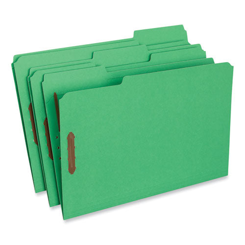 Image of Universal® Deluxe Reinforced Top Tab Fastener Folders, 0.75" Expansion, 2 Fasteners, Legal Size, Green Exterior, 50/Box