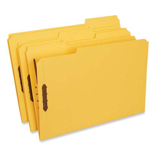 Image of Universal® Deluxe Reinforced Top Tab Fastener Folders, 0.75" Expansion, 2 Fasteners, Legal Size, Yellow Exterior, 50/Box