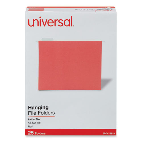 Image of Universal® Deluxe Bright Color Hanging File Folders, Letter Size, 1/5-Cut Tabs, Red, 25/Box
