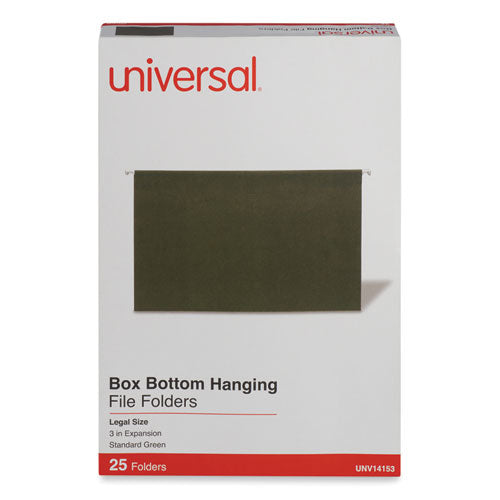 Image of Universal® Box Bottom Hanging File Folders, 3" Capacity, Legal Size, 1/5-Cut Tabs, Standard Green, 25/Box