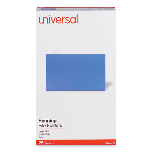 Image of Universal® Deluxe Bright Color Hanging File Folders, Legal Size, 1/5-Cut Tabs, Blue, 25/Box