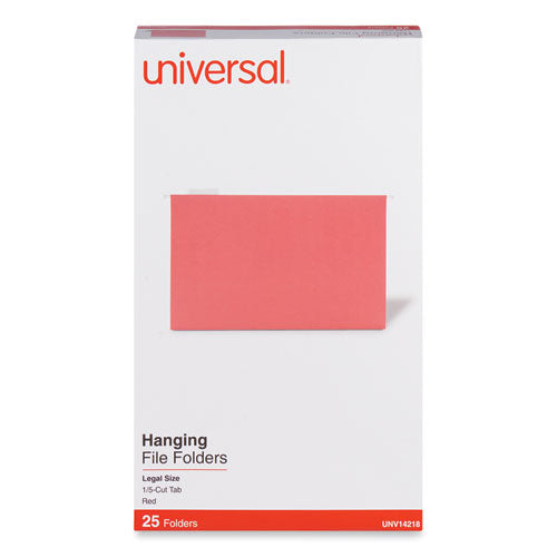 Image of Universal® Deluxe Bright Color Hanging File Folders, Legal Size, 1/5-Cut Tabs, Red, 25/Box