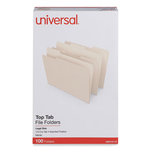 Image of Universal® Top Tab File Folders, 1/3-Cut Tabs: Assorted, Legal Size, 0.75" Expansion, Manila, 100/Box