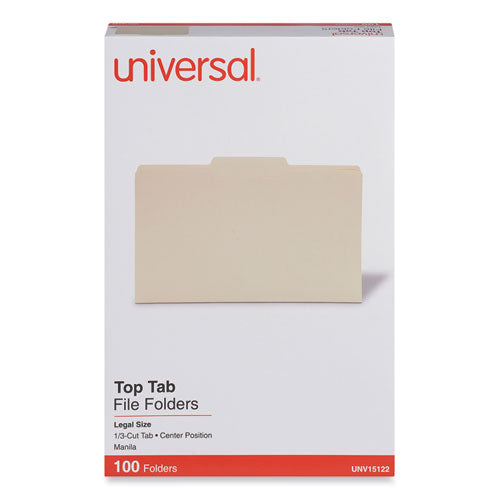 Image of Universal® Top Tab File Folders, 1/3-Cut Tabs: Center Position, Legal Size, 0.75" Expansion, Manila, 100/Box