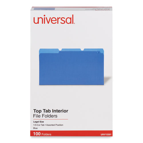 Image of Universal® Interior File Folders, 1/3-Cut Tabs: Assorted, Legal Size, 11-pt Stock, Blue, 100/Box