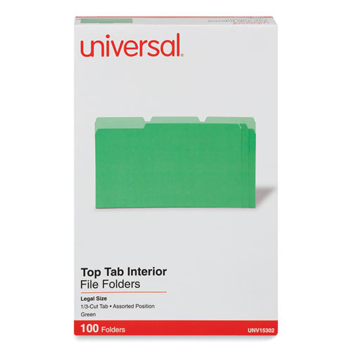 Image of Universal® Interior File Folders, 1/3-Cut Tabs: Assorted, Legal Size, 11-pt Stock, Green, 100/Box