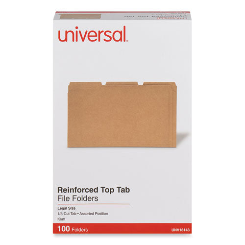 Image of Universal® Reinforced Kraft Top Tab File Folders, 1/3-Cut Tabs: Assorted, Legal Size, 0.75" Expansion, Brown, 100/Box