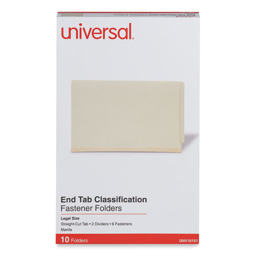 Image of Universal® Six-Section Manila End Tab Classification Folders, 2" Expansion, 2 Dividers, 6 Fasteners, Legal Size, Manila Exterior, 10/Box