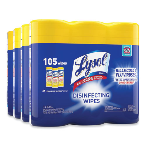 Image of LYSOL® Brand Disinfecting Wipes, 1-Ply, 7 x 7.25, Lemon and Lime Blossom, White, 35 Wipes/Canister, 3 Canisters/Pack