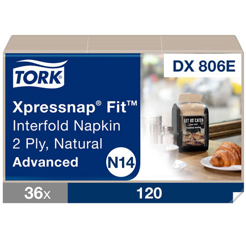Image of Tork® Xpressnap Fit Interfold Dispenser Napkins, 2-Ply, 6.5 X 8.39, Natural, 120/pack, 36 Packs/carton