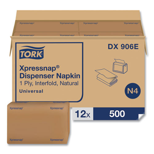 Image of Tork® Xpressnap Interfold Dispenser Napkins, 1-Ply, Bag-Pack, 13 x 8.5, Natural, 500/Pack, 12 Packs/Carton