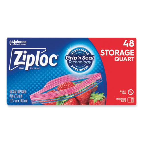Image of Ziploc® Double Zipper Storage Bags, Triple System Seal, Quart, 9.63" x 8.5", Clear, 9/Carton