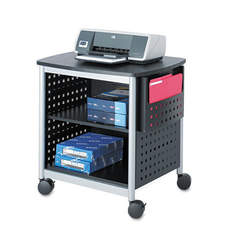 Image of Safco® Scoot Deskside Printer Stand, File Pocket, Metal, 3 Shelves, 1 Bin, 200 lb Capacity, 26.5 x 20.5 x 26.5, Black/Silver