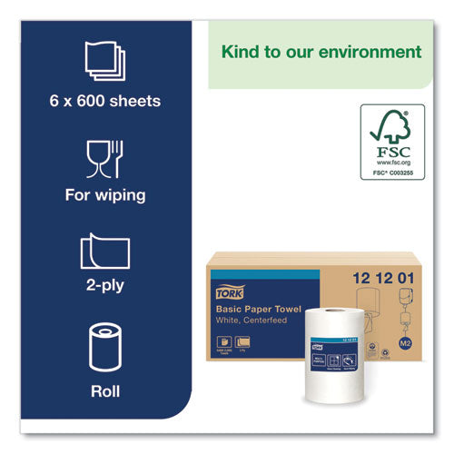 Image of Tork® Advanced Centerfeed Hand Towel, 2-Ply, 9 X 11.8, White, 600/roll, 6/carton