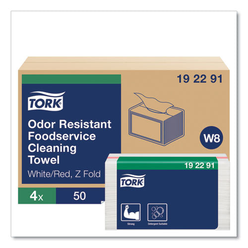 Image of Tork® Small Pack Foodservice Cloth, 1-Ply, 11.75 x 14.75, Unscented, White/Red Stripe, 50/Poly Pack, 4 Packs/Carton