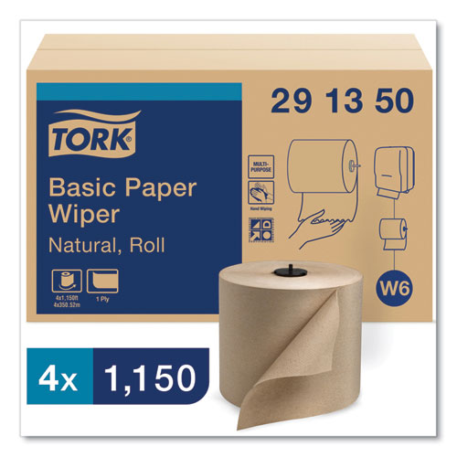 Image of Tork® Basic Paper Wiper Roll Towel, 1-Ply, 7.68" x 1,150 ft, Natural, 4 Rolls/Carton