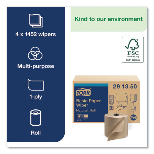 Image of Tork® Basic Paper Wiper Roll Towel, 1-Ply, 7.68" x 1,150 ft, Natural, 4 Rolls/Carton