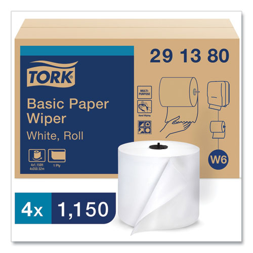 Image of Tork® Paper Wiper Roll Towel, 1-Ply, 7.68" x 1,150 ft, White, 4 Rolls/Carton