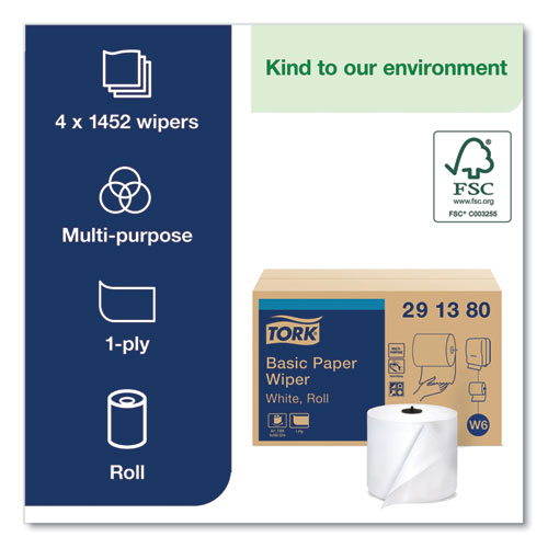Image of Tork® Paper Wiper Roll Towel, 1-Ply, 7.68" x 1,150 ft, White, 4 Rolls/Carton
