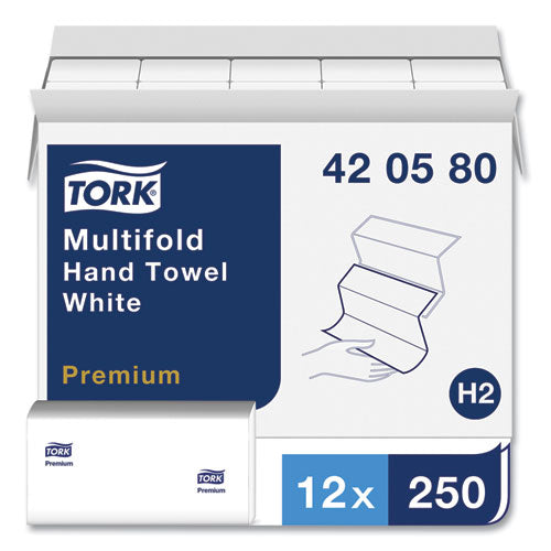Image of Tork® Premium Multifold Towel, 1-Ply, 9 x 9.5, White, 250/Pack, 12 Packs/Carton