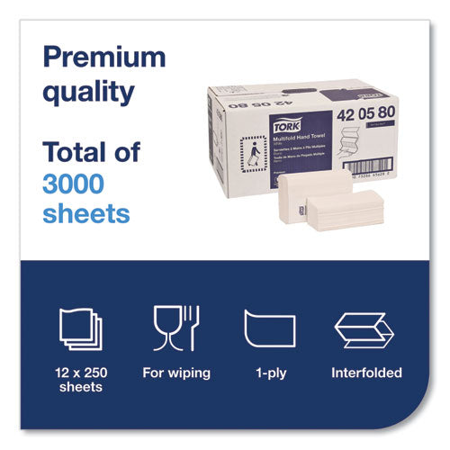 Image of Tork® Premium Multifold Towel, 1-Ply, 9 x 9.5, White, 250/Pack, 12 Packs/Carton