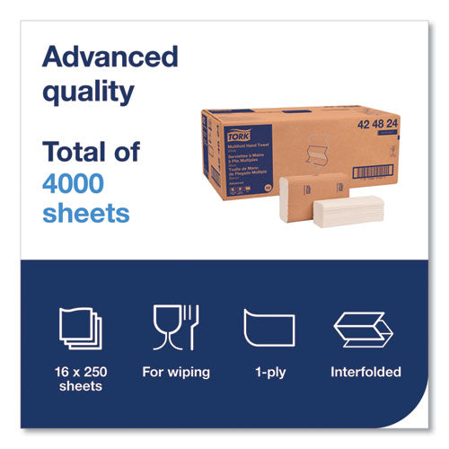 Image of Tork® Advanced Multifold Hand Towel, 1-Ply, 9 x 9.5, White, 250/Pack, 16 Packs/Carton
