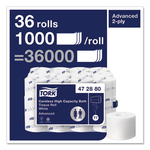 Image of Tork® Advanced High Capacity Bath Tissue, Septic Safe, 2-Ply, Coreless, White, 1,000 Sheets/roll, 36 Rolls/carton