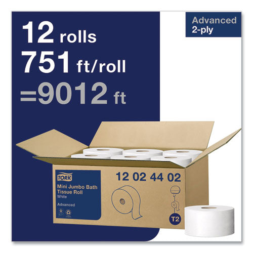 Image of Tork® Advanced Mini-Jumbo Roll Bath Tissue, Septic Safe, 2-Ply, White, 3.48" X 751 Ft, 12 Rolls/carton