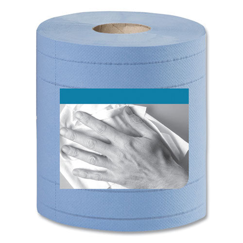Image of Tork® Industrial Paper Wiper, 4-Ply, 11 x 15.75, Unscented, Blue, 375 Wipes/Roll, 2 Rolls/Carton