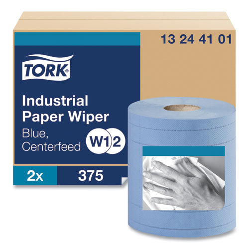 Image of Tork® Industrial Paper Wiper, 4-Ply, 11 x 15.75, Unscented, Blue, 375 Wipes/Roll, 2 Rolls/Carton