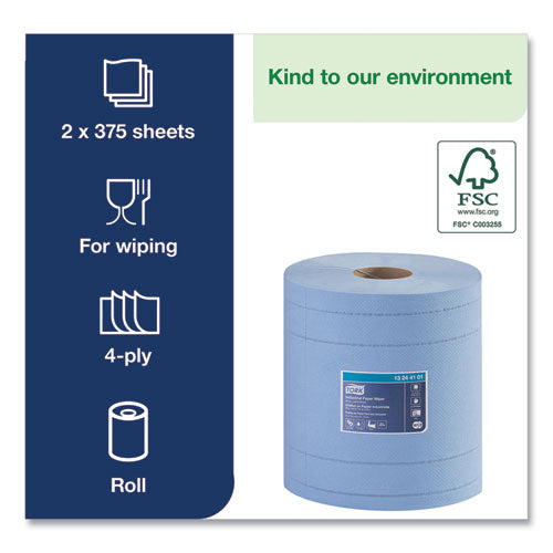 Image of Tork® Industrial Paper Wiper, 4-Ply, 11 x 15.75, Unscented, Blue, 375 Wipes/Roll, 2 Rolls/Carton