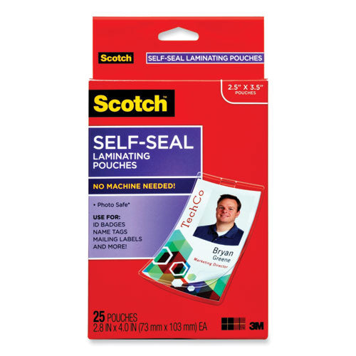Image of Scotch Self-Sealing Laminating Pouches, 12.5 Mil, 2.31" X 4.06", Gloss Clear, 25/pack