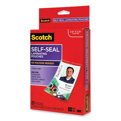 Image of Scotch Self-Sealing Laminating Pouches, 12.5 Mil, 2.31" X 4.06", Gloss Clear, 25/pack