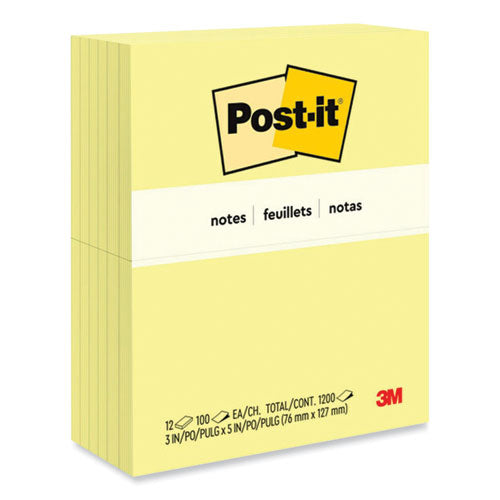 Image of Post-it® Notes Original Pads in Canary Yellow, 3" x 5", 100 Sheets/Pad, 12 Pads/Pack