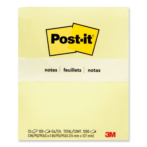 Image of Post-it® Notes Original Pads in Canary Yellow, 3" x 5", 100 Sheets/Pad, 12 Pads/Pack