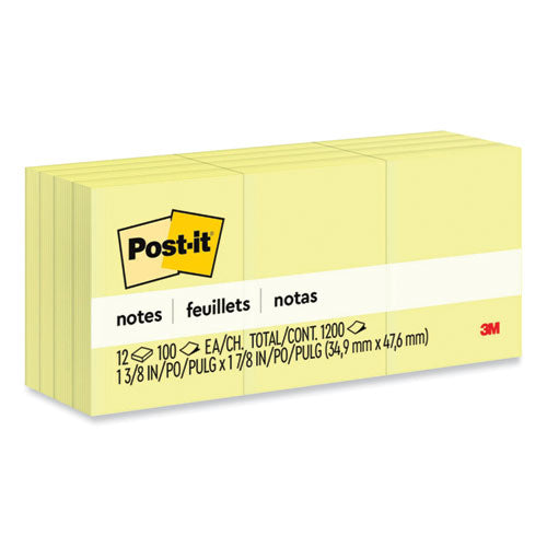 Image of Post-it® Notes Original Pads in Canary Yellow, 1.38" x 1.88", 100 Sheets/Pad, 12 Pads/Pack