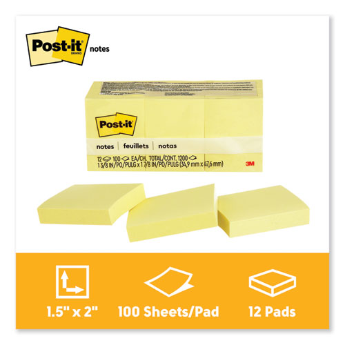 Image of Post-it® Notes Original Pads in Canary Yellow, 1.38" x 1.88", 100 Sheets/Pad, 12 Pads/Pack
