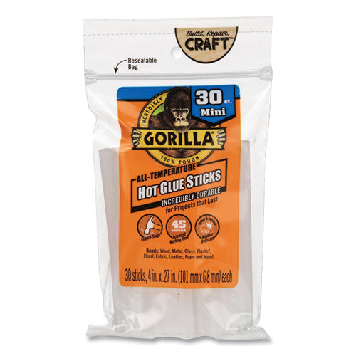 Image of Gorilla® Mini Hot Glue Sticks, 0.27" dia x 4", Dries Clear, 30/Pack