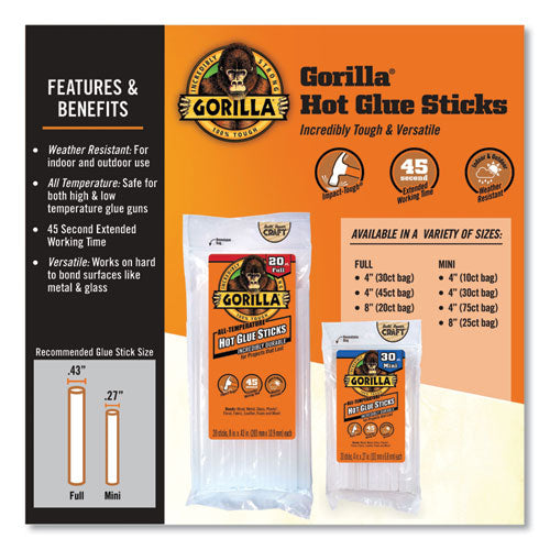 Image of Gorilla® Mini Hot Glue Sticks, 0.27" dia x 4", Dries Clear, 30/Pack