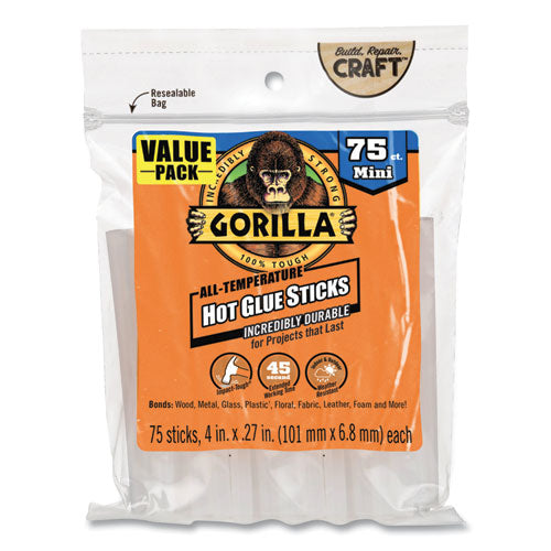 Image of Gorilla® Mini Hot Glue Sticks, 0.27" dia x 4", Dries Clear, 75/Pack