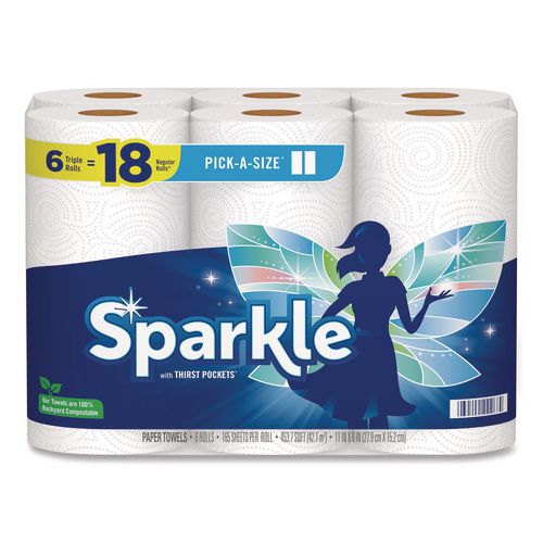 Image of Sparkle® Pick-A-Size Perforated Kitchen Triple Roll Towels with Thirst Pockets, 2-Ply, 11 x 6, White, 165 Sheets/Roll, 6 Rolls/Pack
