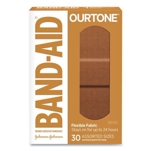 Image of BAND-AID® OurTone Adhesive Bandages, BR45, 2.25 x 0.63; 3 x 0.75; 3 x 1, Light Brown, 30/Pack