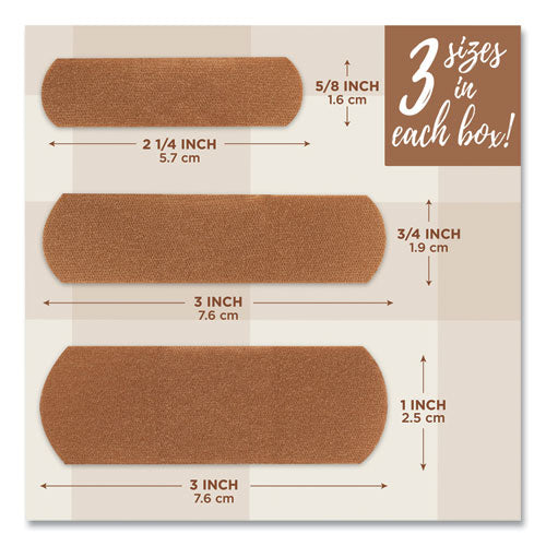 Image of BAND-AID® OurTone Adhesive Bandages, BR45, 2.25 x 0.63; 3 x 0.75; 3 x 1, Light Brown, 30/Pack
