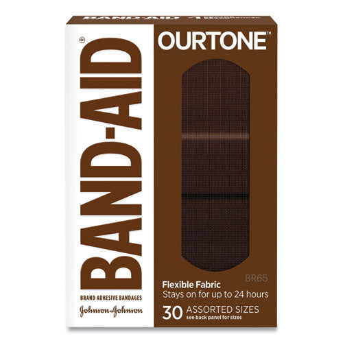 Image of BAND-AID® OurTone Adhesive Bandages, BR65, 2.25 x 0.63; 3 x 0.75; 3 x 1, Deep Brown, 30/Pack