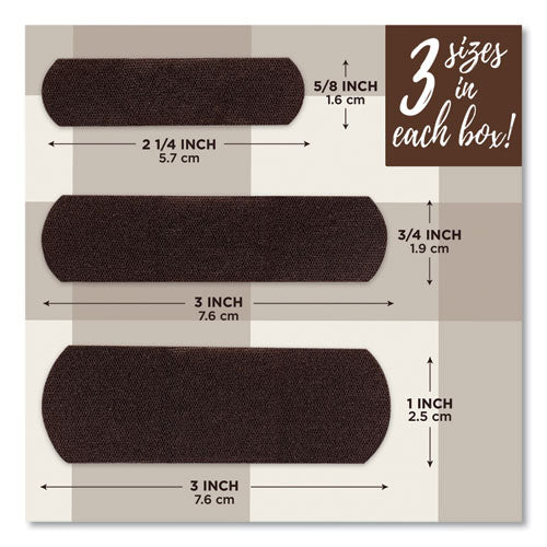 Image of BAND-AID® OurTone Adhesive Bandages, BR65, 2.25 x 0.63; 3 x 0.75; 3 x 1, Deep Brown, 30/Pack
