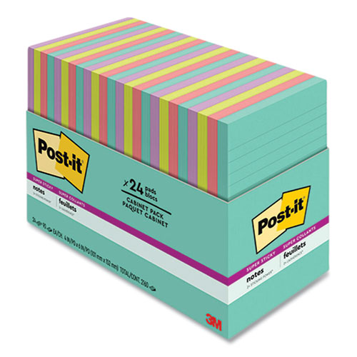 Image of Post-it® Notes Super Sticky Pads in Supernova Neons Collection Colors, Note Ruled, Cabinet Pack, 4" x 6", 90 Sheets/Pad, 24 Pads/Pack